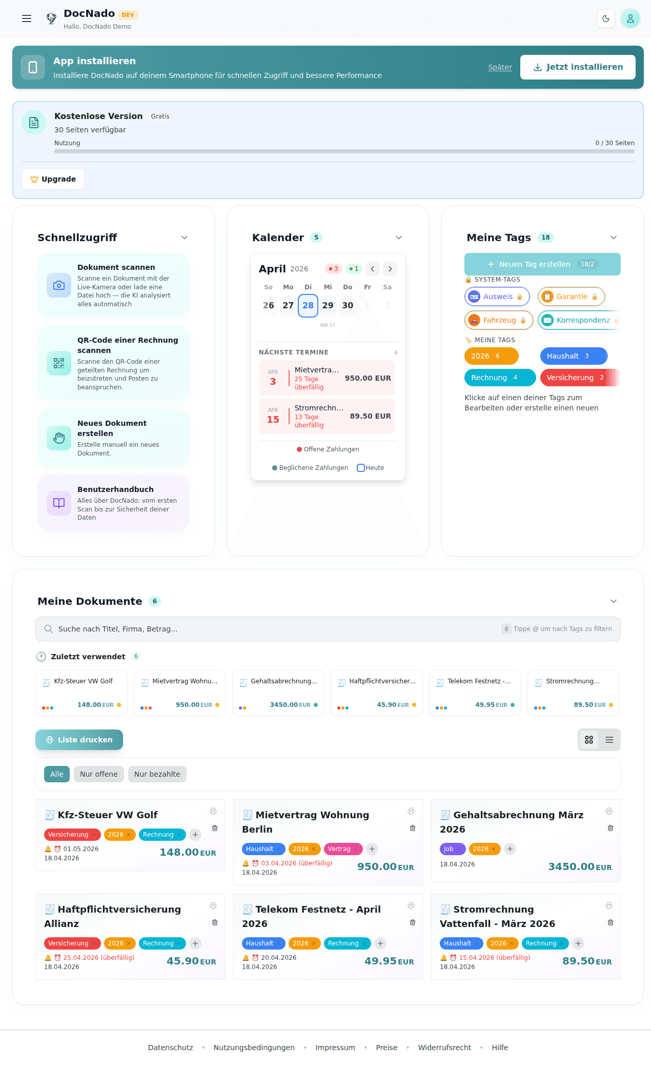 Sortiertes DocNado-Dashboard