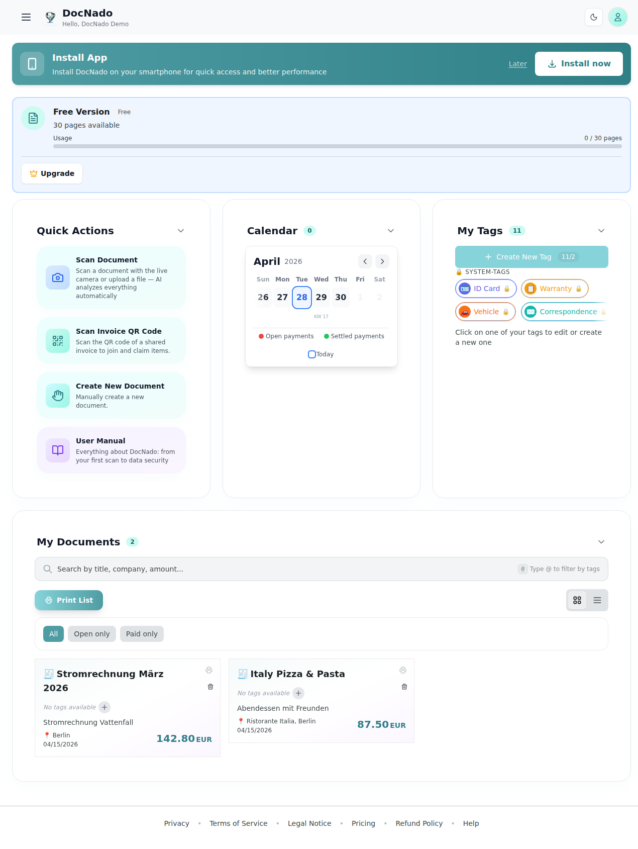 Dashboard with sample data