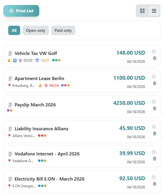 Document list view